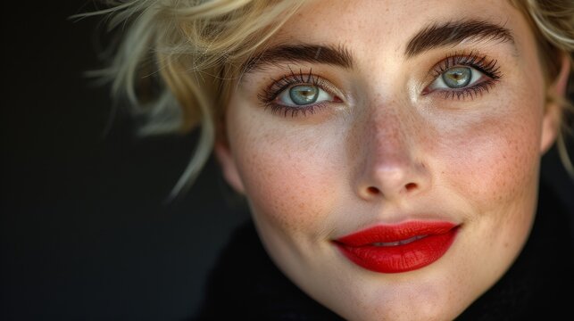  A clear photo of a woman with freckles in her hair and bright red lipstick on her mouth