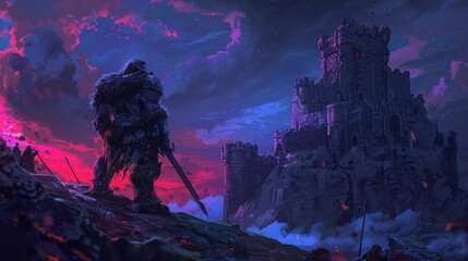 orc from game gothic night of raven, stone fortress, night, digital art style, concept art style, very dark navy colors, very dark purple colors, subtle red elements