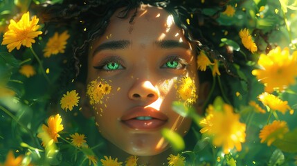  A digital portrait of a woman adorned with green eyes & yellow flower crown, amidst a field of yellow daisies