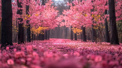 pink trees blooming at spring in the park, colorful, beauty, flowers