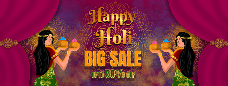 Holi website banner poster for sale and promotion template design. Indian Festival of Colors celebration with text special holi sale