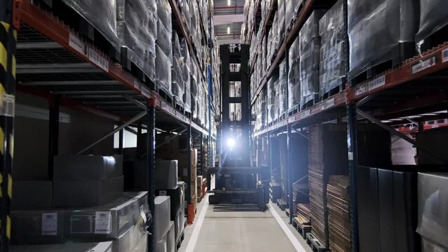 forklift in a warehouse. product storage warehouse