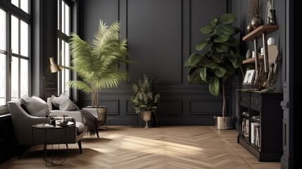 Fototapeta premium Dark charcoal gray walls with a light wood herringbone floor and white crown molding.