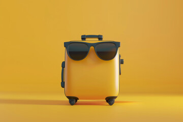 A suitcase wearing sunglasses. Summer travel vacation