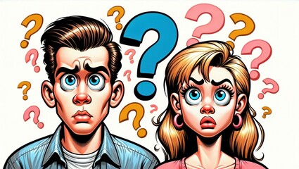 Comic Illustration of Confused Man and Woman with Question Marks