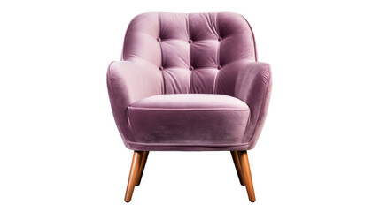 A regal purple chair with wooden legs stands out against a stark white background