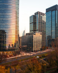 Warsaw, Poland - panorama of a city skyline at sunset. Cityscape view of Warsaw. Skyscrapers in...