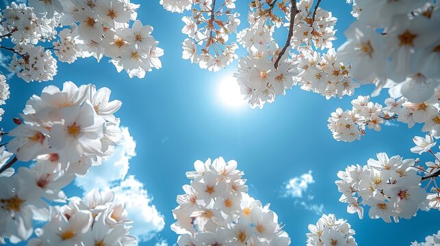 blooming trees, beautiful white petals, flowers against blue sky, spring is coming, here