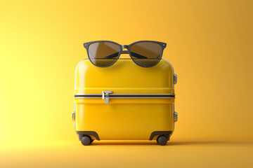 A suitcase wearing sunglasses. Summer travel vacation