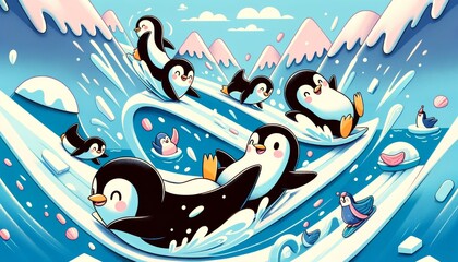 Penguins having fun on a water slide