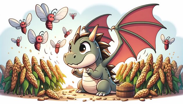 Cartoon dragon with insects in a cornfield