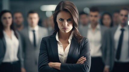 Skilled young woman leader in formal suit builds high-performing team, with team standing in background.