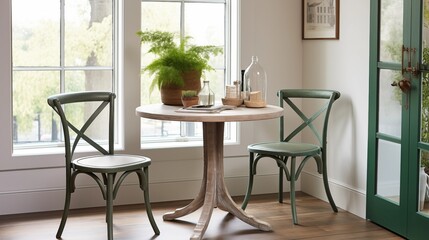 Dining nook with driftwood gray table and hunter green metal cafe chairs.