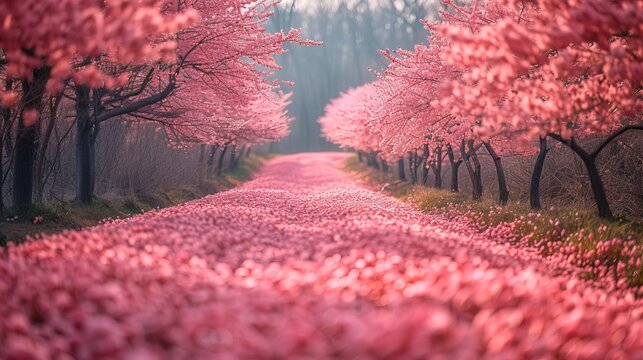 pink trees blooming at spring in the park, colorful, beauty, flowers