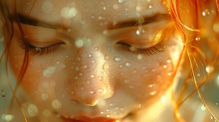  A photo of a woman's face, with water droplets on her skin and hair billowing from the wind