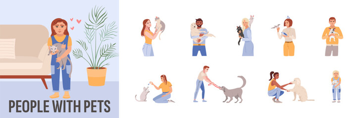 Set of happy pet owners isolated on white background. Collection of people with dogs, cats and birds. Men, woman holding and hugging cute domestic animals. Vector illustration in a flat style