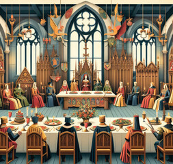 Medieval Banquet Hall with Nobility and Feast - obrazy, fototapety, plakaty
