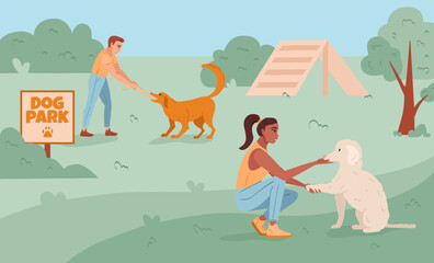 People characters walking and playing with dogs in park. Happy pet owners in dog park. Flat vector illustration.