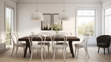 Obraz premium Dining room in crisp whites with espresso brown bentwood style accent chairs.