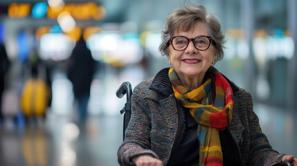  An elderly woman in glasses with short hair is sitting in her wheelchair at the airport, smiling for a photo. Diversity in air transport concept