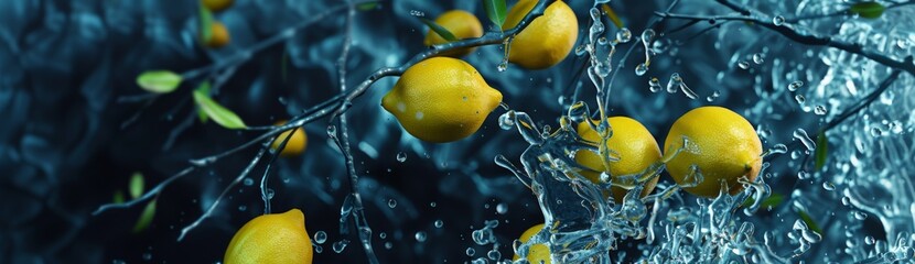  A picture depicts lemons dangling from a tree, water droplets falling, while leaves decorate the tree's branches