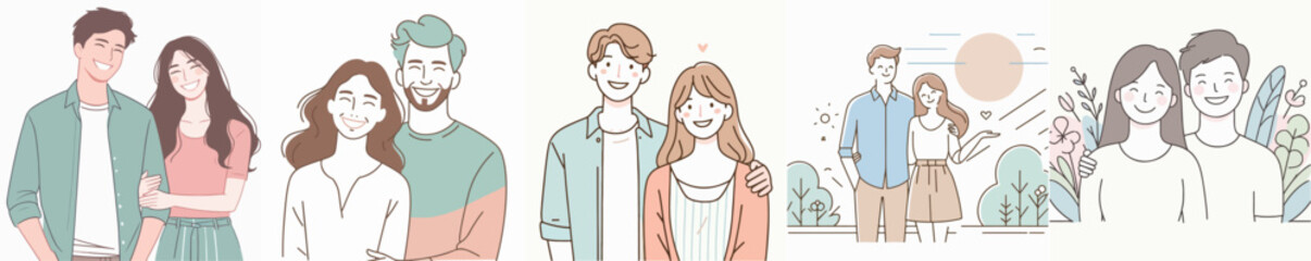 The couple characters are cheerful with a simple flat line art style