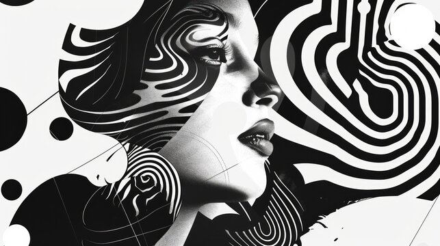 A woman's face is shown in a black and white photo with a swirl pattern In the pop art style