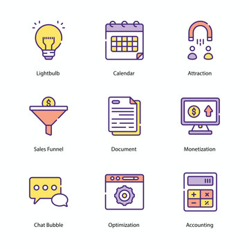 Accounting icons set, Accounting, Finance, Bookkeeping, Taxation, Audit, Budgeting, Ledger, Balance Sheet, vector stock illustration.