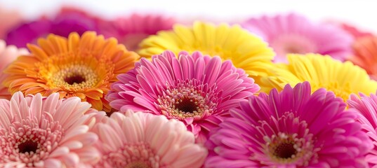 Fototapeta premium Assorted vibrant flowers on white background with ample space for text placement