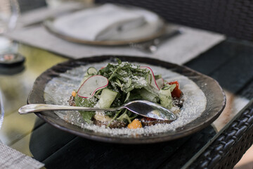 Gourmet green salad, fresh and nutritious, with radish and cucumber slices