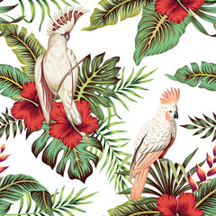 Tropical cockatoo parrots, green palm leaves, red hibiscus floral seamless pattern white background. Exotic jungle wallpaper.	