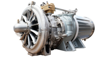 Close up of a jet engine against a pristine white background, highlighting intricate details and power
