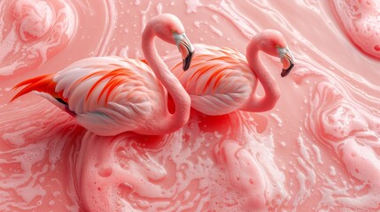  A pair of flamingos, both pink, stand together on a pink background with water bubbles behind them