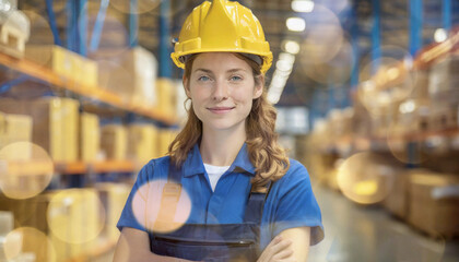 Jeune femme avec une salopette et un casque de protection travaillant dans un entrepôt avec le sourire.