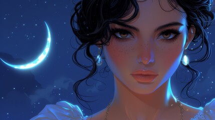  A digital art of a lady in a white gown under a crescent moon and starry backdrop