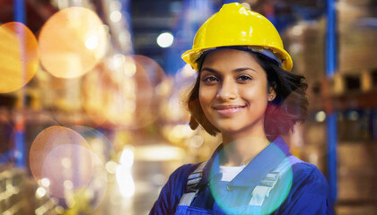 Jeune femme avec une salopette et un casque de protection travaillant dans un entrepôt avec le sourire.