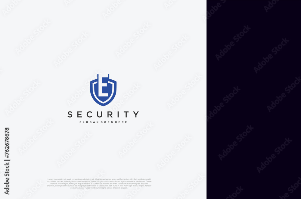 Poster initial letter e security shield logo design concept. vector design template element