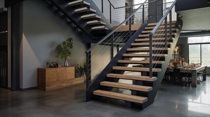 Edgy industrial staircase design with raw steel, concrete treads, and wood handrail accents.