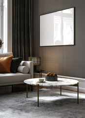 Black living room interior with sofa, minimalist interior background, 3d render