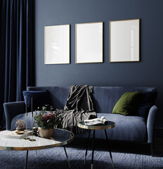 Dark blue living room interior with sofa, classic modern interior, 3d render - 762678641