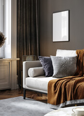Black living room interior with sofa, minimalist interior background, 3d render - 762678643