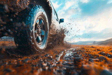 Fototapeta na wymiar car on mud road, wheel closeup