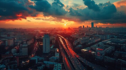 Aerial view of a dreamy red cityscape at sunset with retro cars, highways, and skyscrapers, capturing a nostalgic urban vibe. - obrazy, fototapety, plakaty