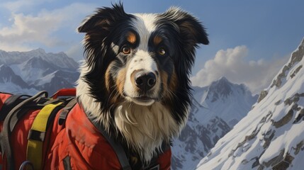 A mountain rescue dog working outdoors in the mountains, dressed in a uniform.