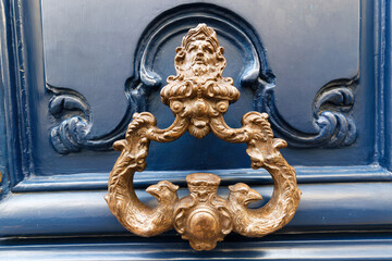 European Vintage old metal wrought iron door knocker. Design detail. Paris. - 762679664
