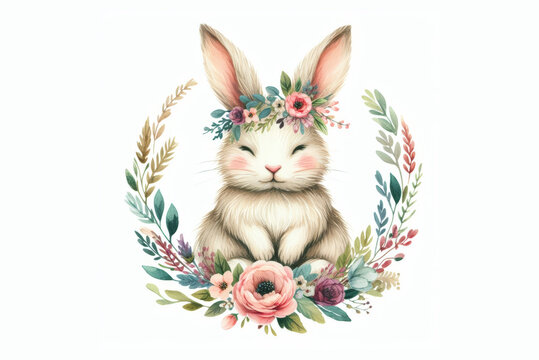 Easter bunny with a floral wreath in Provence style on a white background. Watercolor illustration of an Easter scene.