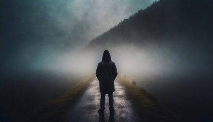 A person in a hooded jacket standing on the foggy ground - obrazy, fototapety, plakaty