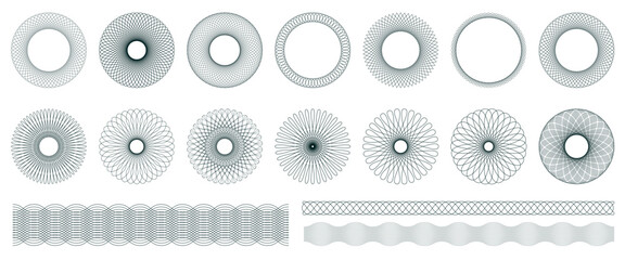 Spirograph graphic elements PNG. Collection of abstract shapes for design. Vector illustration 