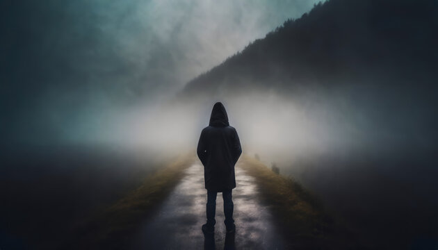 A person in a hooded jacket standing on the foggy ground