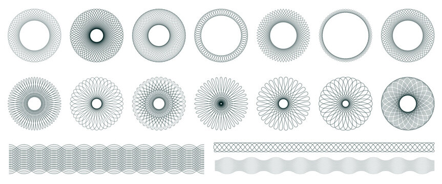 Spirograph graphic elements PNG. Collection of abstract shapes for design. Vector illustration 